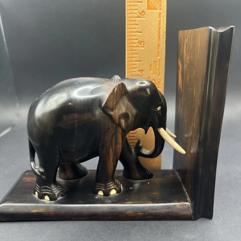 Vintage Hand Carved Nacassar Ebony Elephant Bookends Sliding Dovetail Pair Heavy